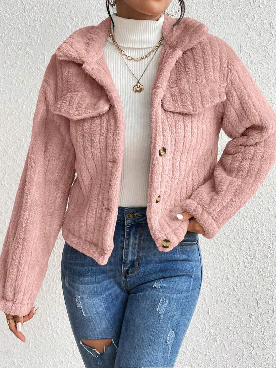 EMERY ROSE Flap Detail Fluffy Jacket Fall Winter Cloth For Women
