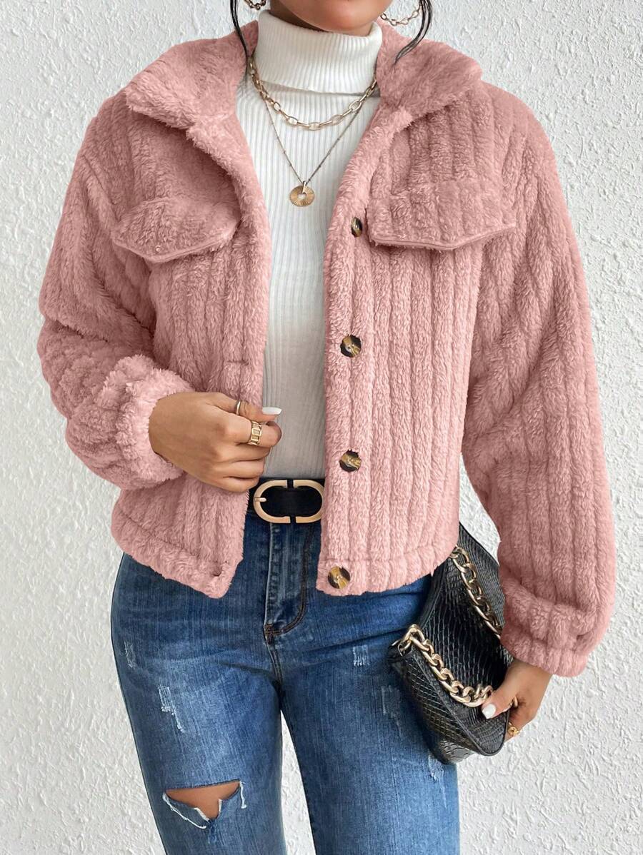 EMERY ROSE Flap Detail Fluffy Jacket Fall Winter Cloth For Women