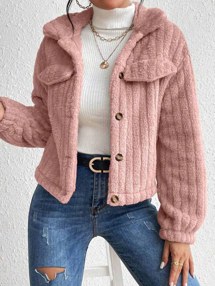 EMERY ROSE Flap Detail Fluffy Jacket Fall Winter Cloth For Women