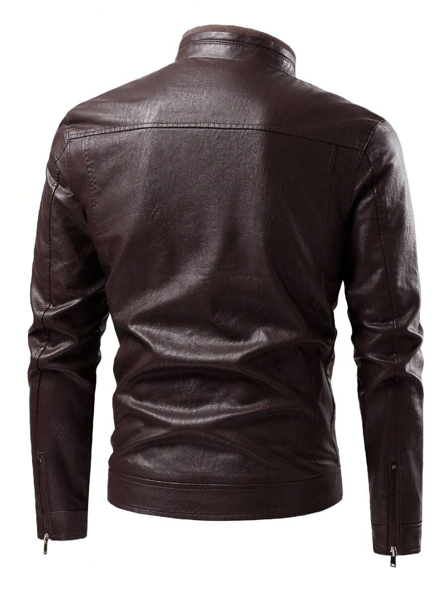 1pc Boyfriend Style Men's Jacket, Spring & Autumn Motorcycle Jacket PU Leather Zipper Coat