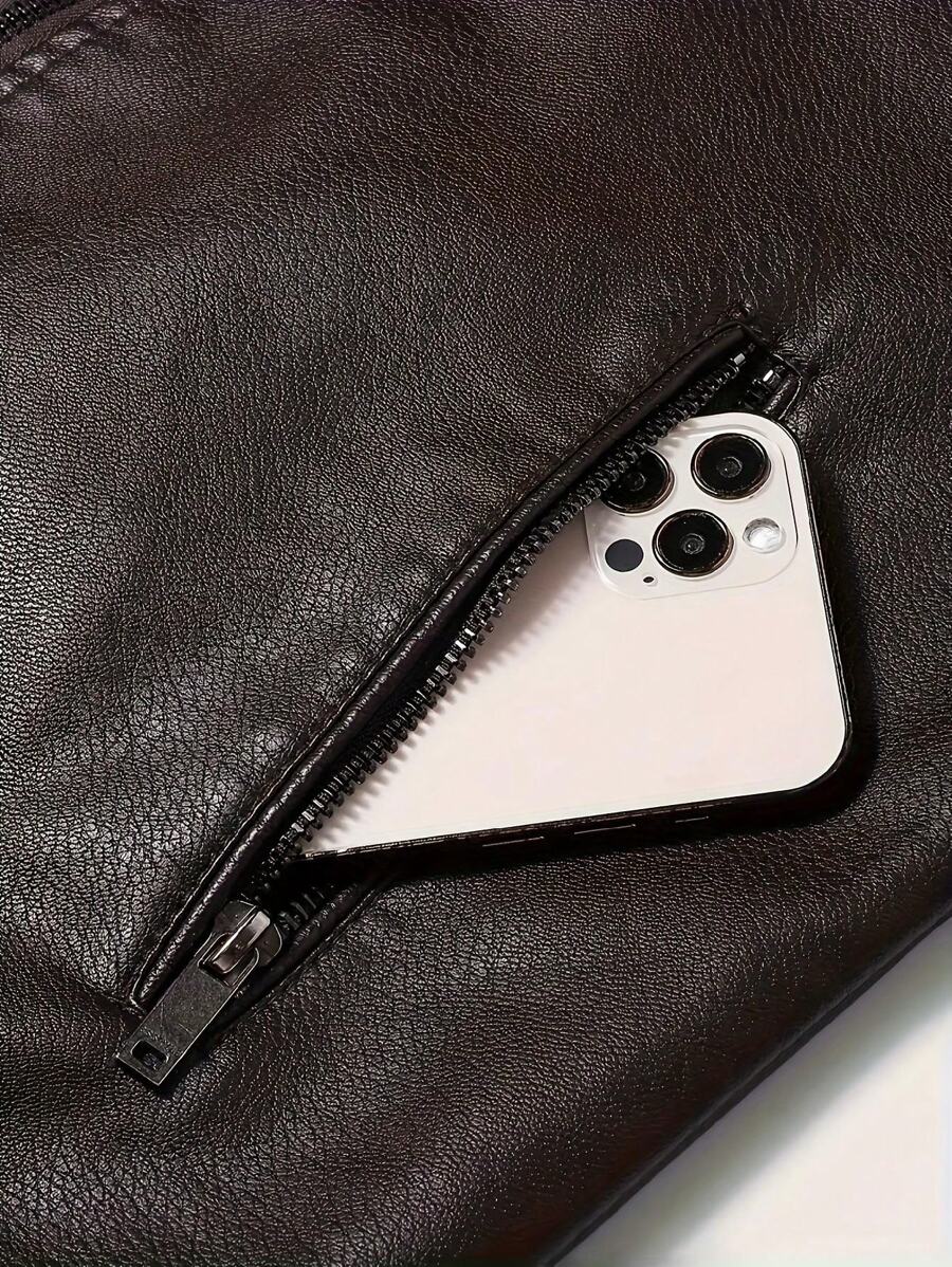1pc Boyfriend Style Men's Jacket, Spring & Autumn Motorcycle Jacket PU Leather Zipper Coat