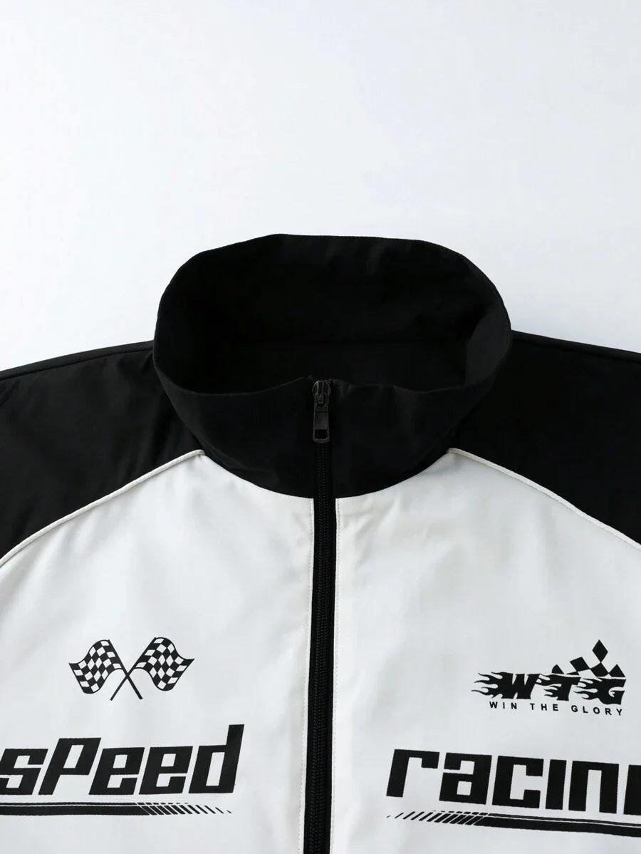 Manfinity EMRG Men's Color-Blocking Zipper Letter Printed Casual Long Sleeve Outdoor Windbreaker Jacket Coat