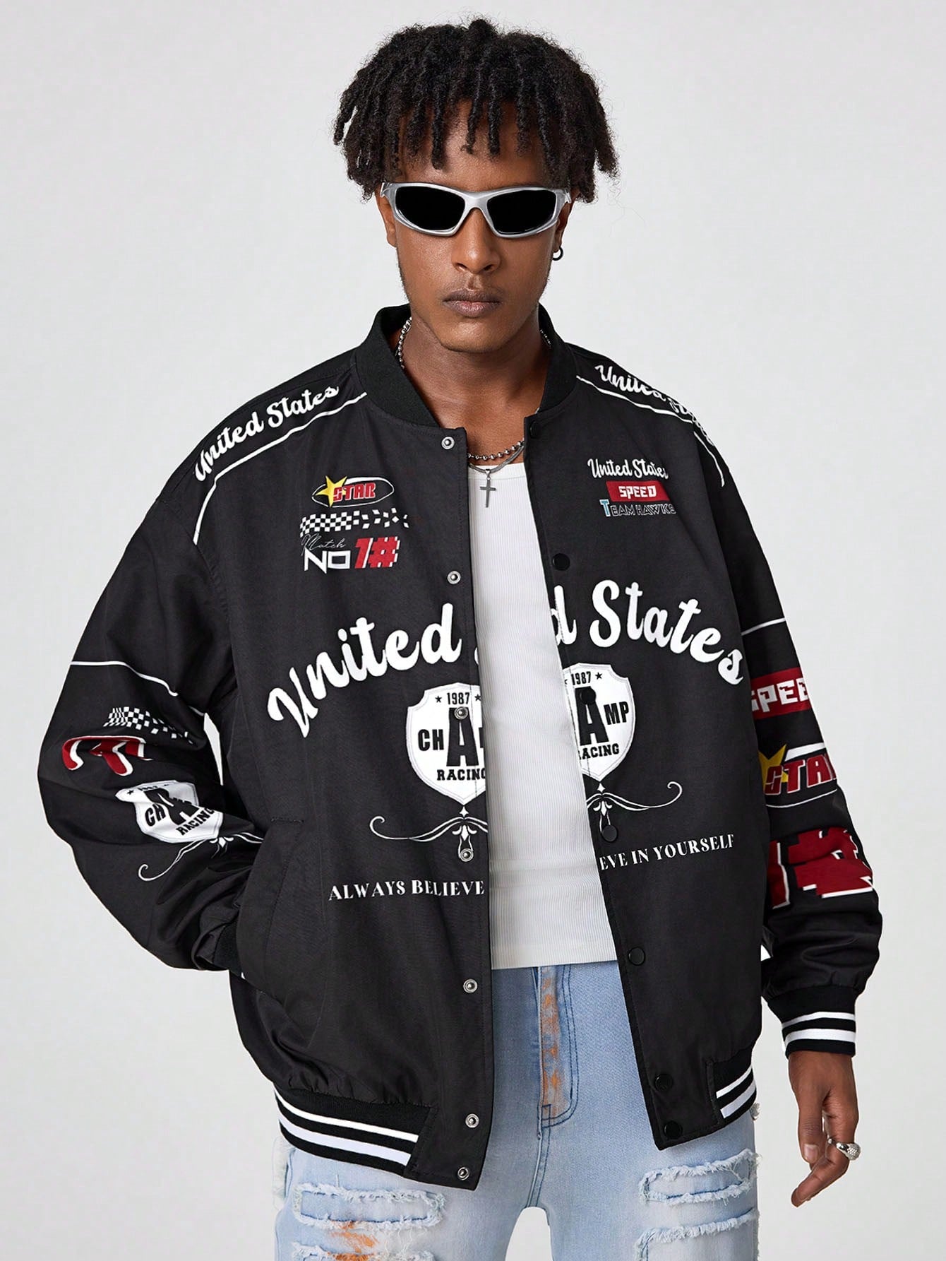 Manfinity VCAY Men's Loose Woven Digital Print Long Sleeve Jacket, For Fall Winter