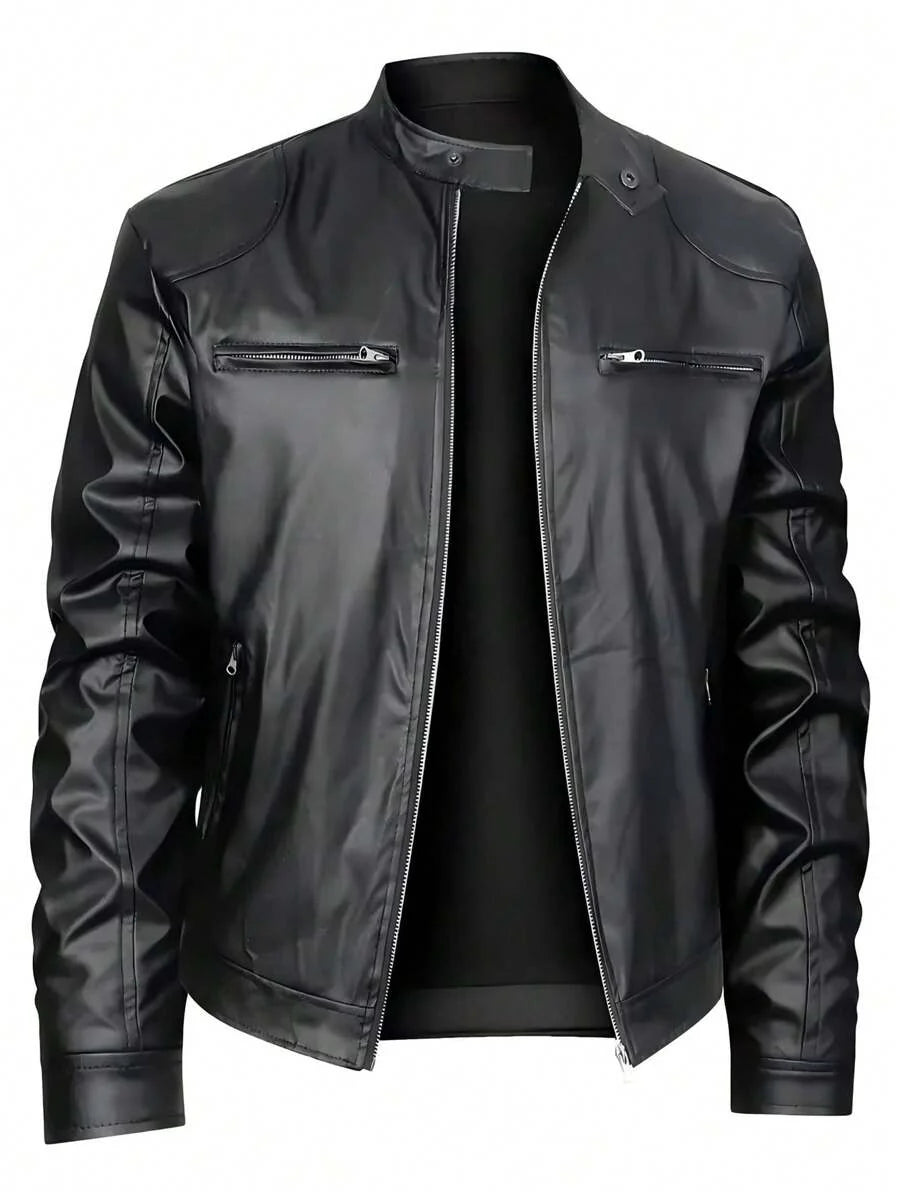 Men's Stand Collar Fitted Faux Leather Rave Jacket With Zipper Pockets, Motorcycle Style, For Fall Winter