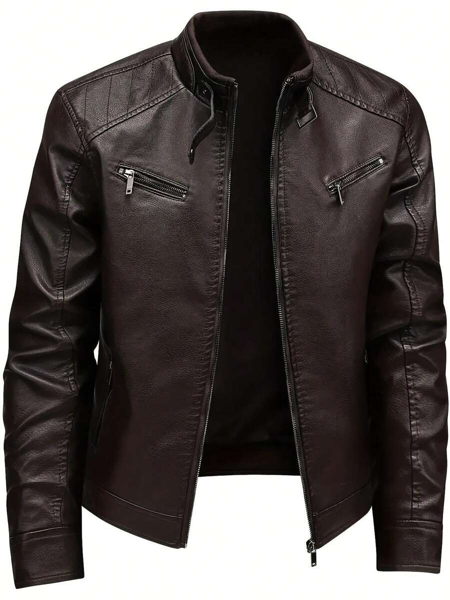 1pc Boyfriend Style Men's Jacket, Spring & Autumn Motorcycle Jacket PU Leather Zipper Coat