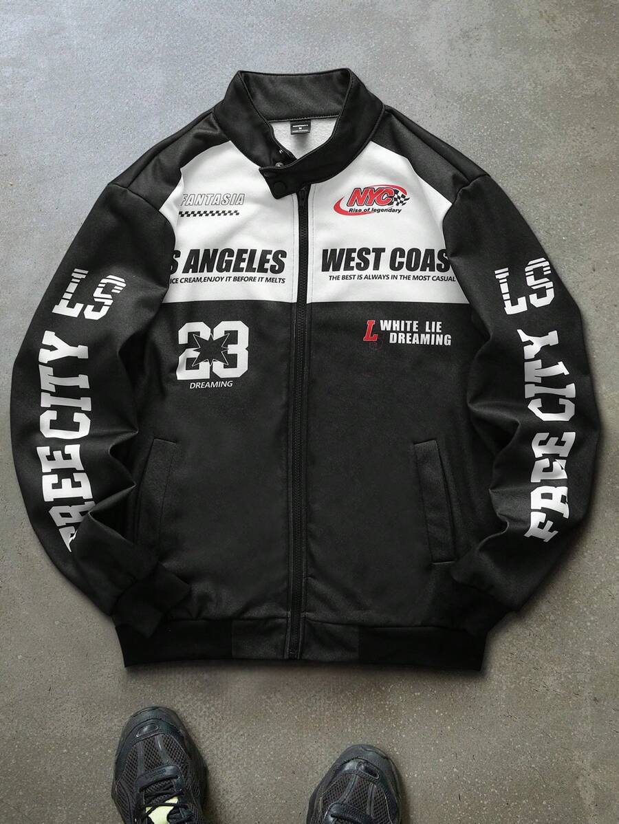 Manfinity EMRG Men's Casual Colorblocked Letter Printed Long Sleeve Jacket, Spring & Fall Going Out Street Wear Racing Jacket Black Biker Jacket, For Friends, Husband, Boyfriend Gifts