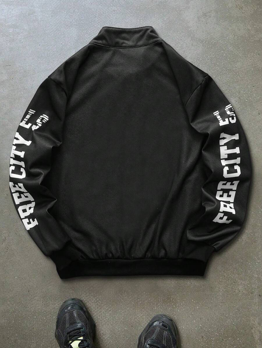 Manfinity EMRG Men's Casual Colorblocked Letter Printed Long Sleeve Jacket, Spring & Fall Going Out Street Wear Racing Jacket Black Biker Jacket, For Friends, Husband, Boyfriend Gifts