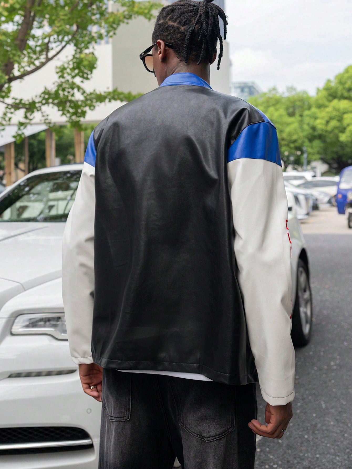 Manfinity Roghcode Men's Autumn Fashionable Colorblock Letter Embroidered PU Leather Jacket