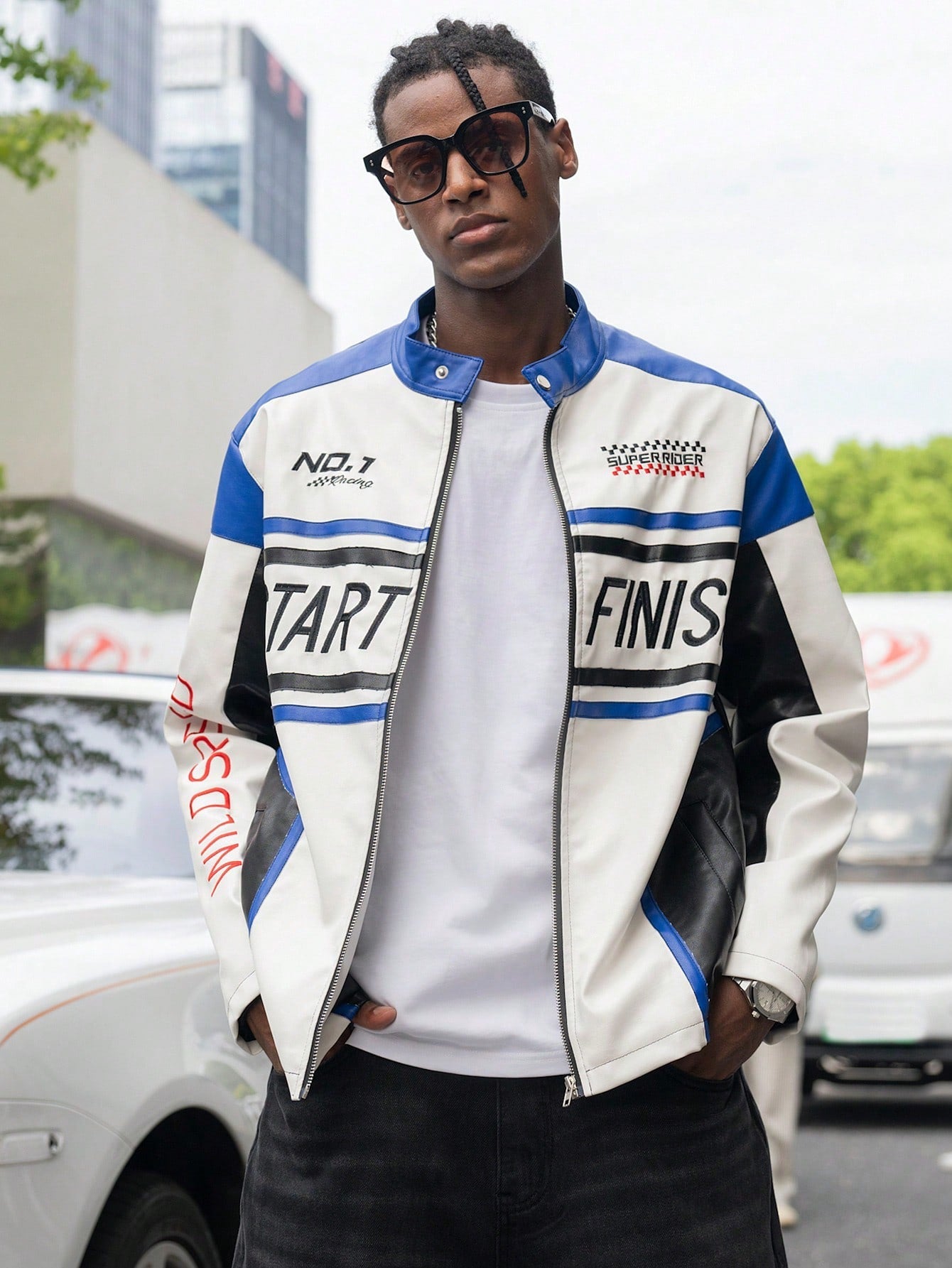 Manfinity Roghcode Men's Autumn Fashionable Colorblock Letter Embroidered PU Leather Jacket