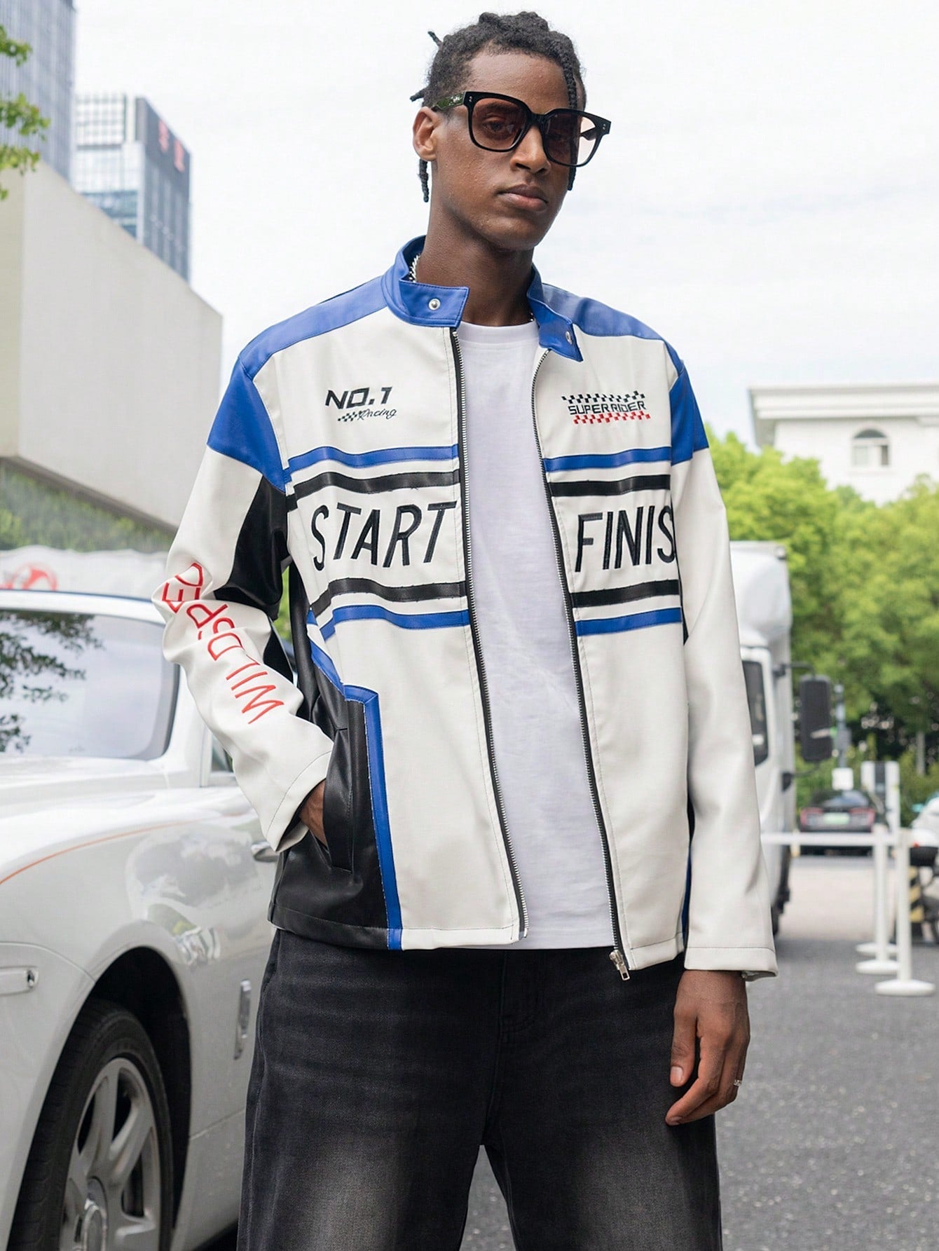 Manfinity Roghcode Men's Autumn Fashionable Colorblock Letter Embroidered PU Leather Jacket