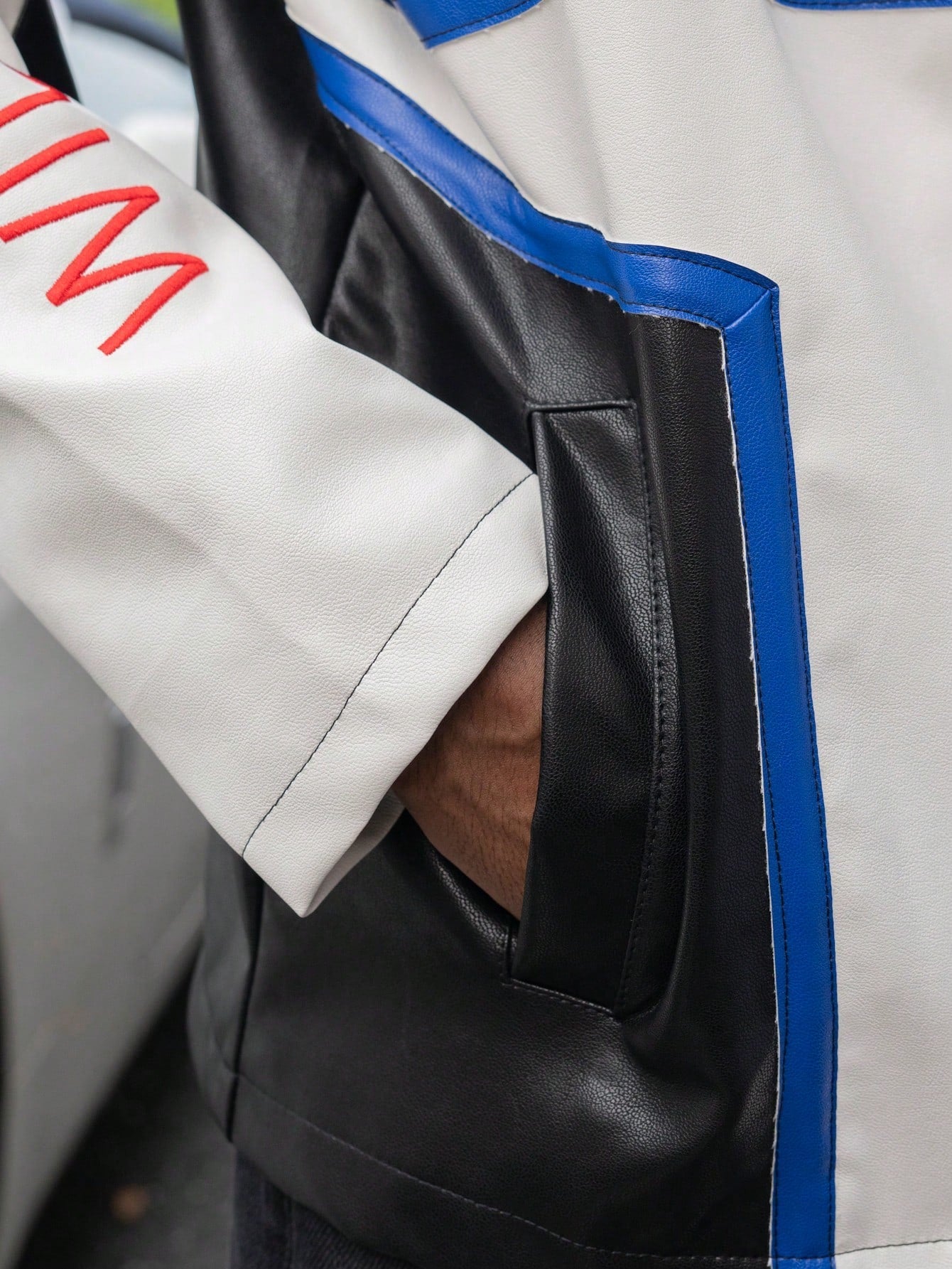 Manfinity Roghcode Men's Autumn Fashionable Colorblock Letter Embroidered PU Leather Jacket