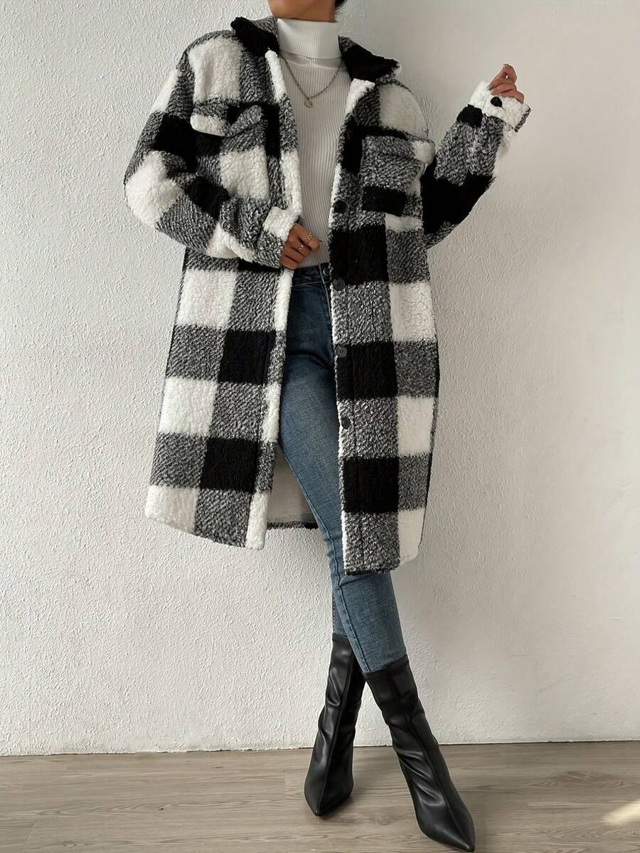 Women's Autumn & Winter Single-Breasted Lapel Plush Plaid Coat, Loose Long Overcoat, Long-Sleeved Outerwear