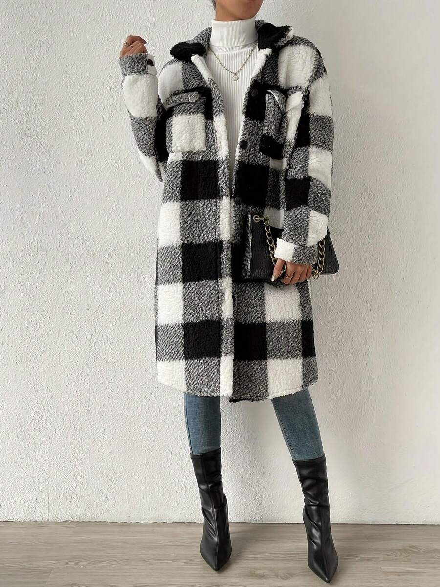 Women's Autumn & Winter Single-Breasted Lapel Plush Plaid Coat, Loose Long Overcoat, Long-Sleeved Outerwear