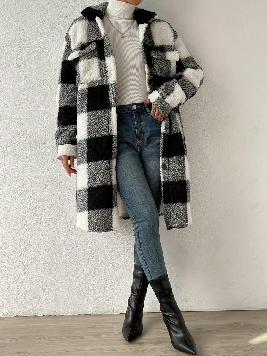 Women's Autumn & Winter Single-Breasted Lapel Plush Plaid Coat, Loose Long Overcoat, Long-Sleeved Outerwear