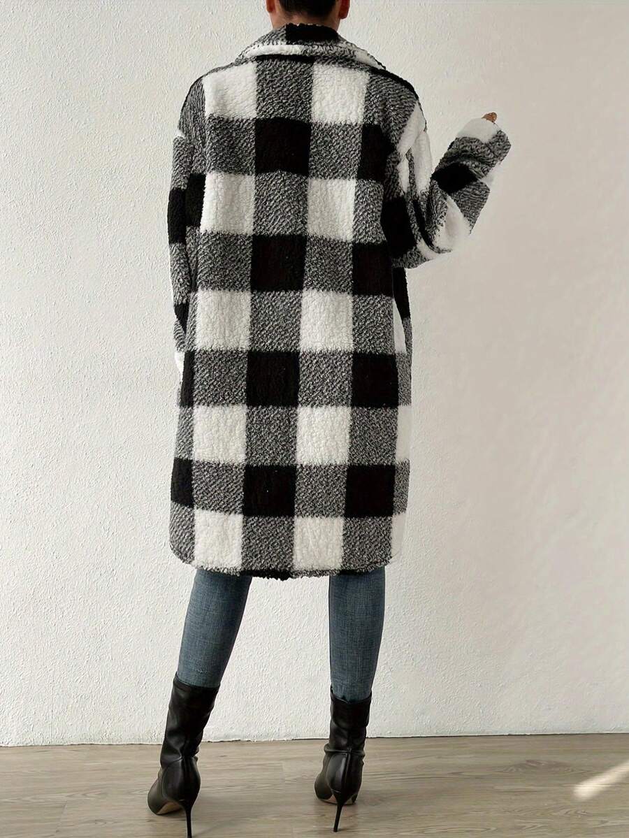 Women's Autumn & Winter Single-Breasted Lapel Plush Plaid Coat, Loose Long Overcoat, Long-Sleeved Outerwear