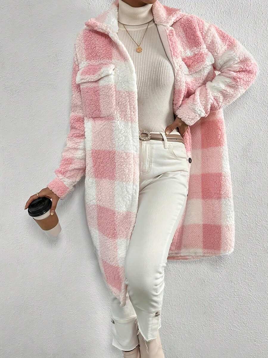 Women's Autumn & Winter Single-Breasted Lapel Plush Plaid Coat, Loose Long Overcoat, Long-Sleeved Outerwear