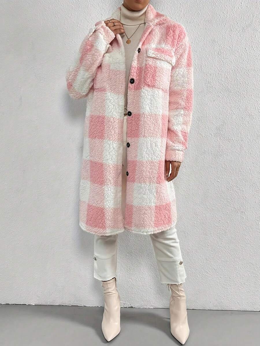 Women's Autumn & Winter Single-Breasted Lapel Plush Plaid Coat, Loose Long Overcoat, Long-Sleeved Outerwear
