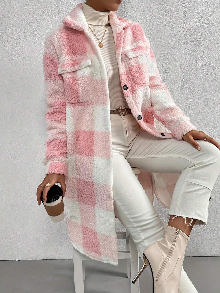 Women's Autumn & Winter Single-Breasted Lapel Plush Plaid Coat, Loose Long Overcoat, Long-Sleeved Outerwear
