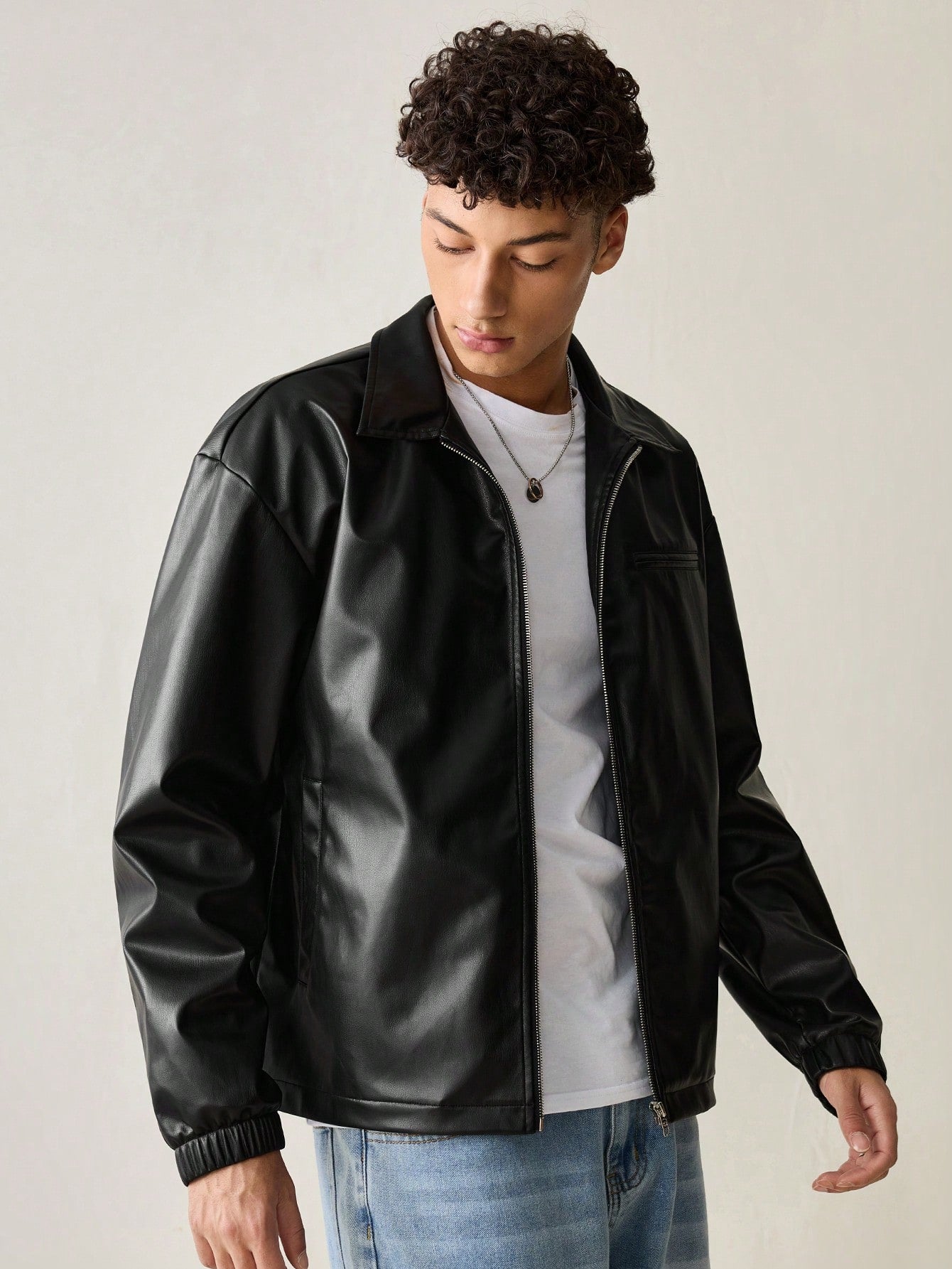 SWAVVY Men's Fashionable Daily Casual PU Leather Fitted Long Sleeve Men Jacket, Urban Black Jacket, For Friends, Husband, Boyfriend Gifts, Grunge