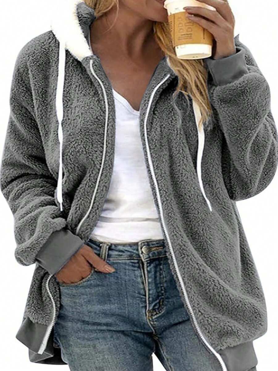 INAWLY Women's Zip-Up Drawstring Hooded Fleece Jacket, Regular Fit, Autumn/Winter