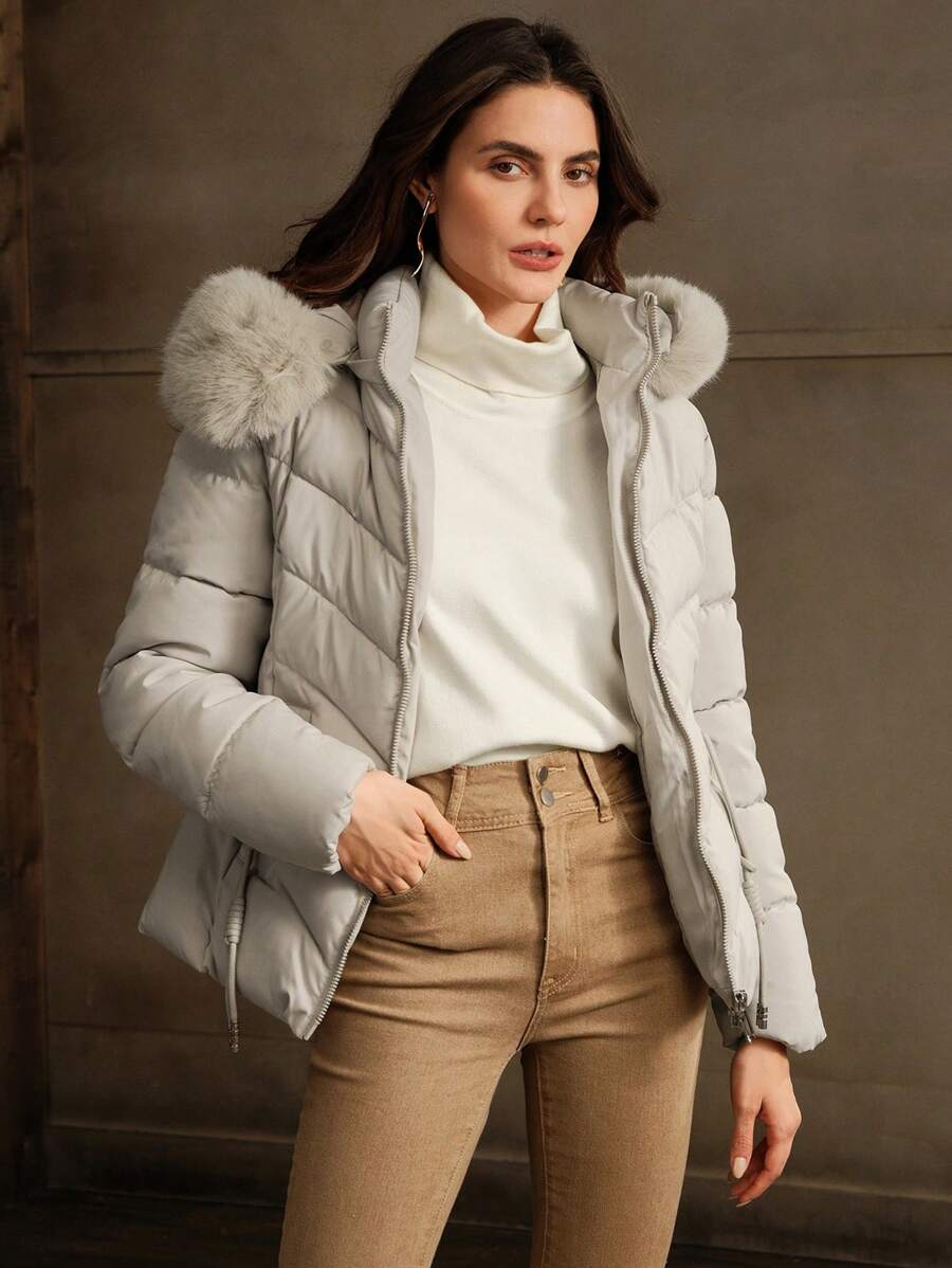 Anewsta Women's Solid Color Long Sleeve Zipper Collar Patchwork Fuzzy Hooded Padded Coat, Winter