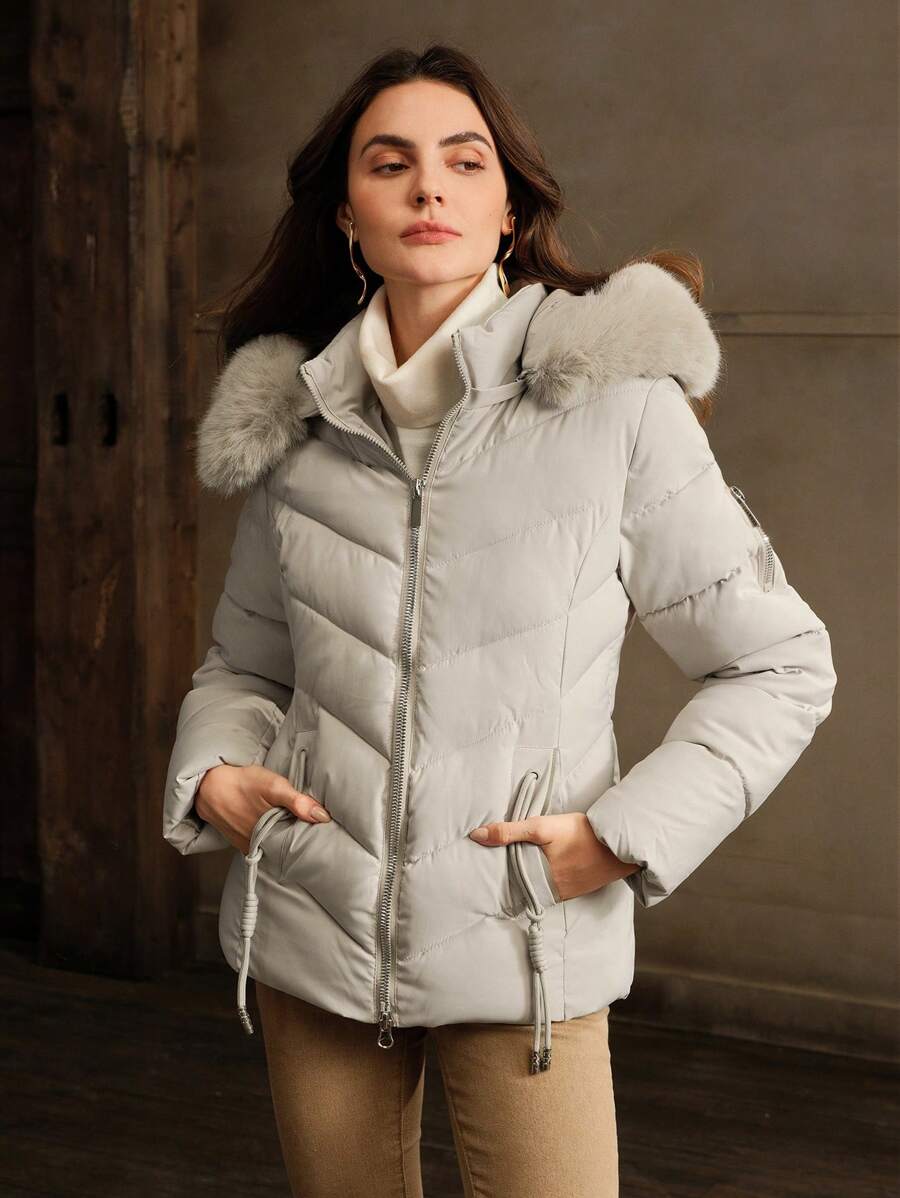 Anewsta Women's Solid Color Long Sleeve Zipper Collar Patchwork Fuzzy Hooded Padded Coat, Winter