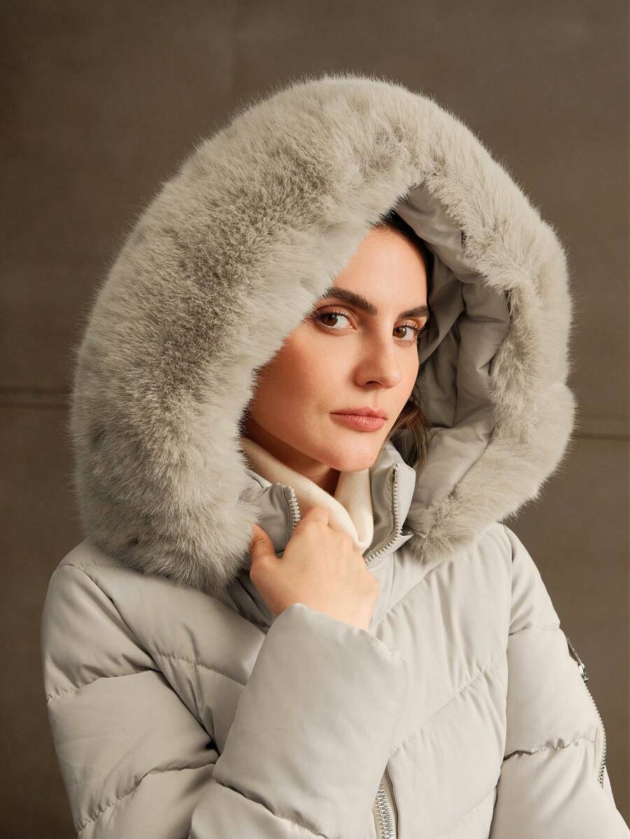 Anewsta Women's Solid Color Long Sleeve Zipper Collar Patchwork Fuzzy Hooded Padded Coat, Winter