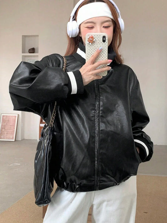 Dazy Less Slant Pockets PU Leather Jacket, Fall Women Clothes