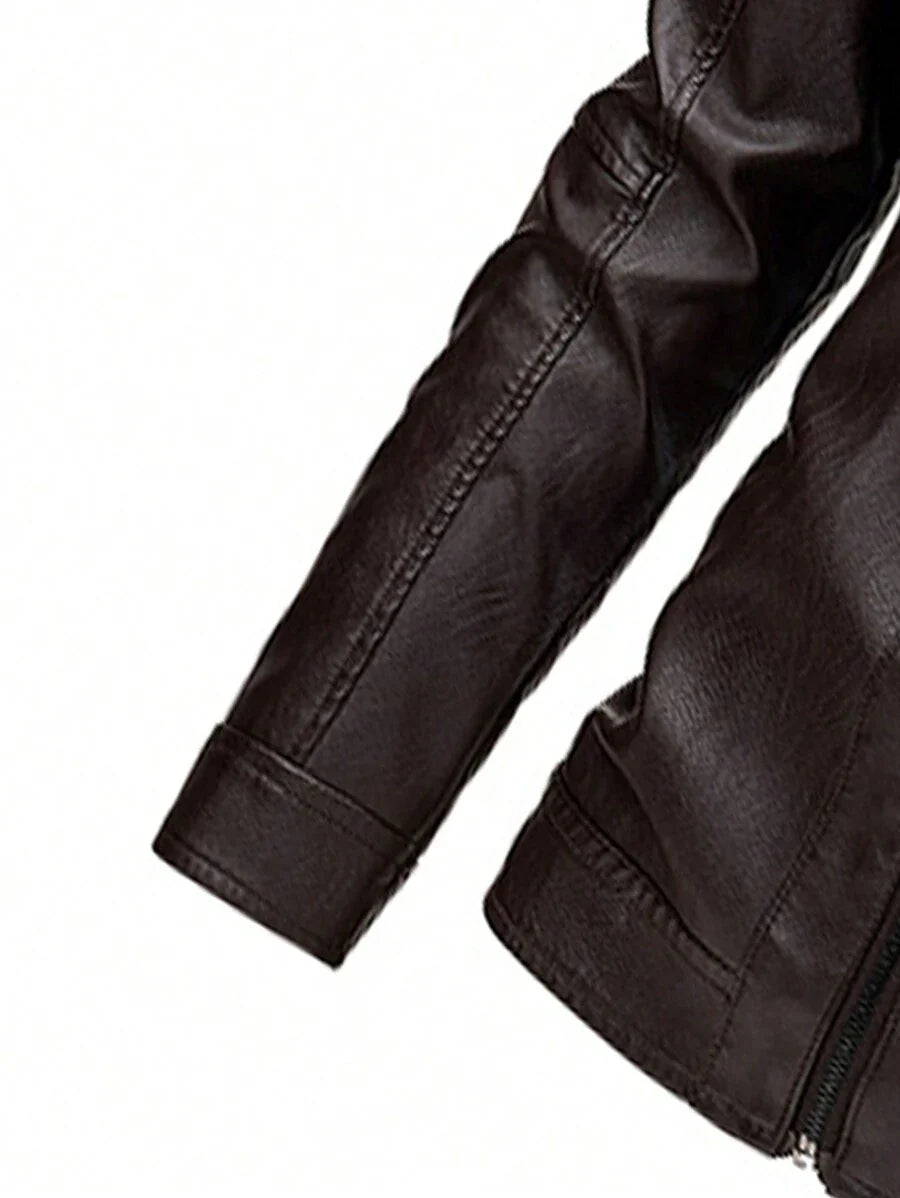 Men's Zipper Long Sleeve Fitted Fashionable PU Leather Biker Jacket, For Fall Winter
