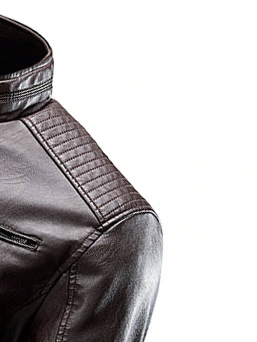 Men's Zipper Long Sleeve Fitted Fashionable PU Leather Biker Jacket, For Fall Winter