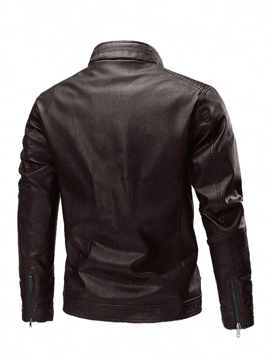Men's Zipper Long Sleeve Fitted Fashionable PU Leather Biker Jacket, For Fall Winter