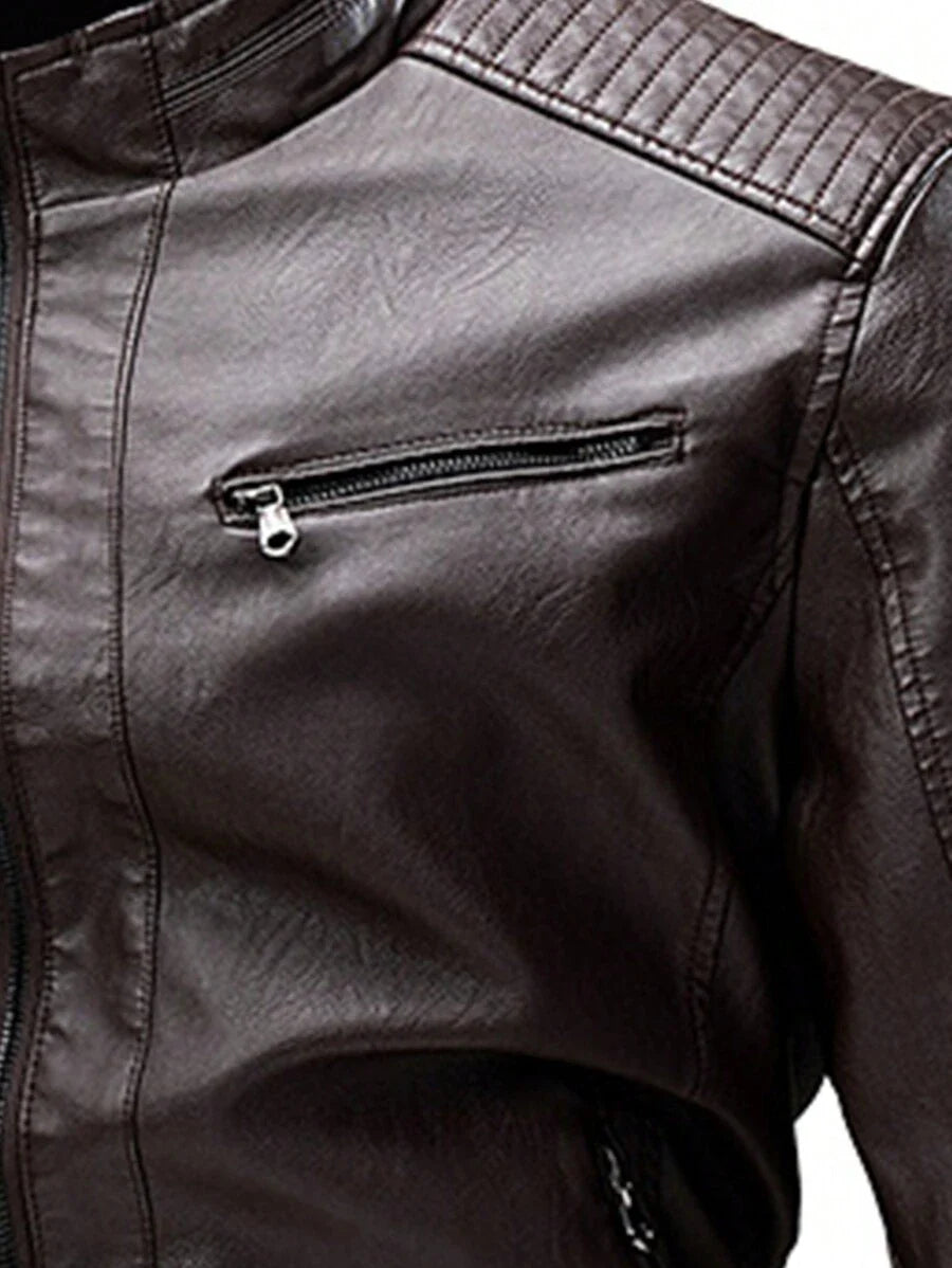 Men's Zipper Long Sleeve Fitted Fashionable PU Leather Biker Jacket, For Fall Winter