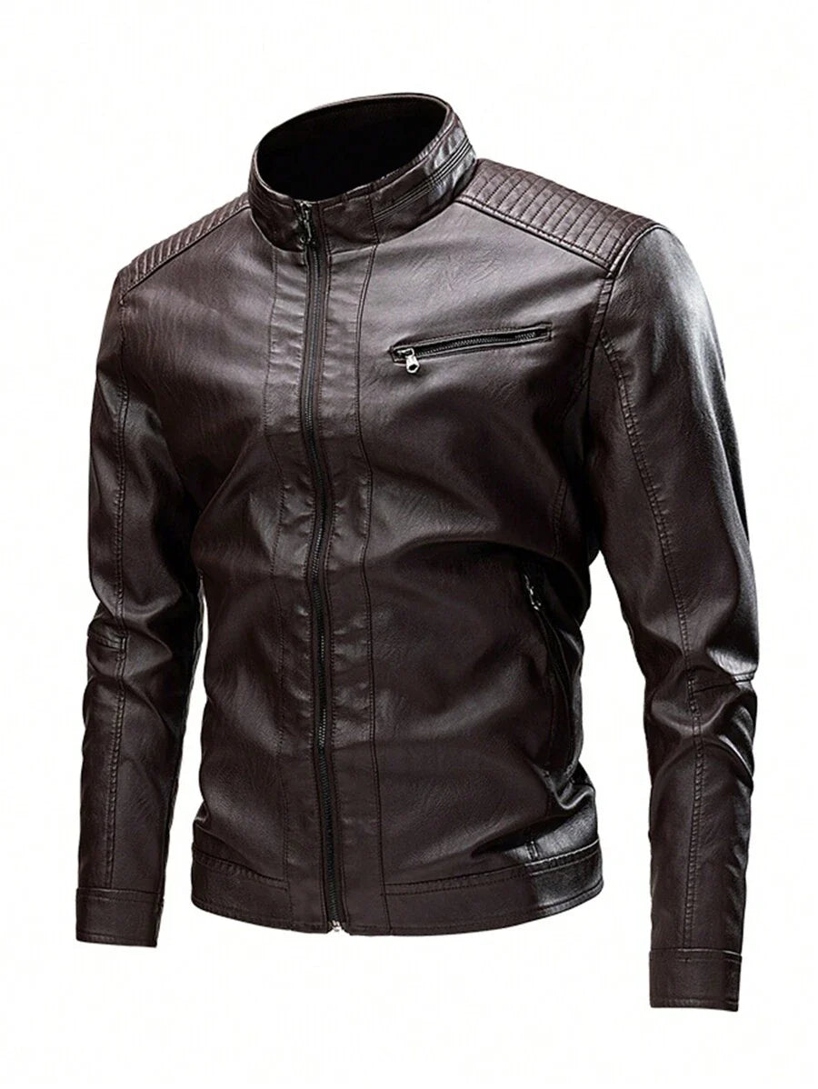 Men's Zipper Long Sleeve Fitted Fashionable PU Leather Biker Jacket, For Fall Winter