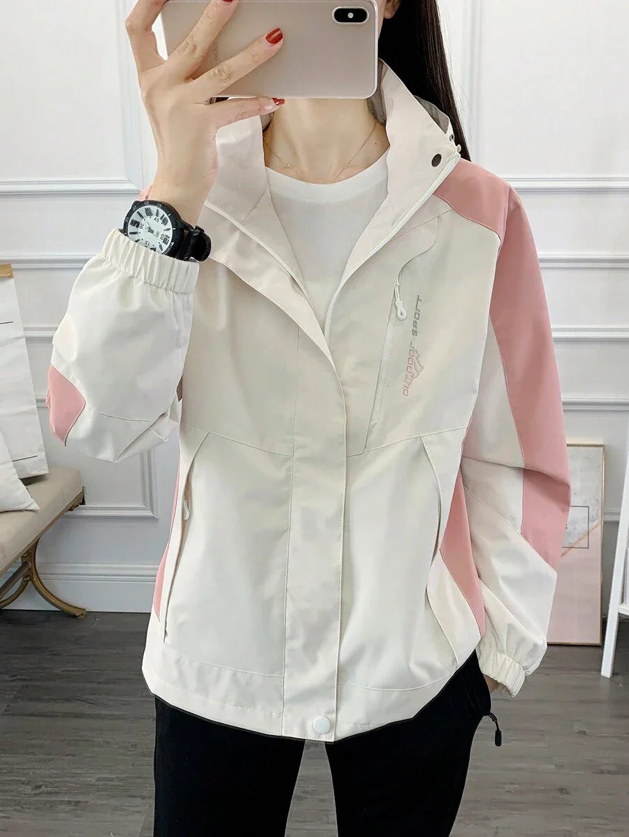 1pc Women Contrast Color Patchwork Windbreaker Jacket, Lightweight Outdoor Sports Running Hiking Coat, Spring/Autumn