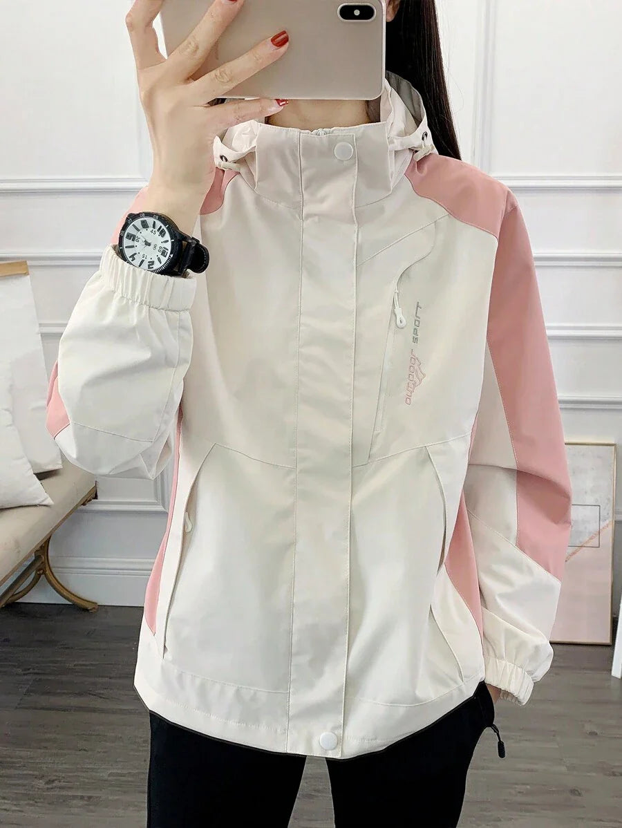 1pc Women Contrast Color Patchwork Windbreaker Jacket, Lightweight Outdoor Sports Running Hiking Coat, Spring/Autumn