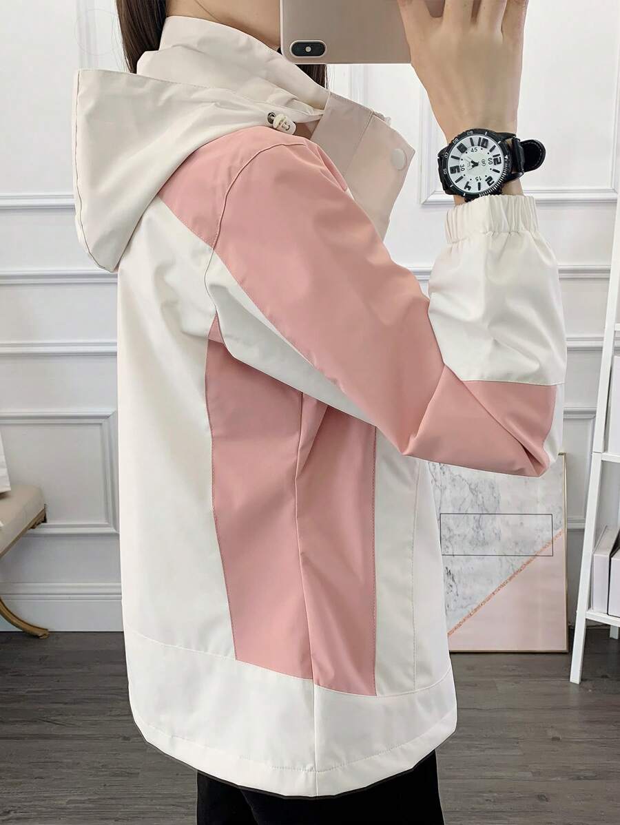 1pc Women Contrast Color Patchwork Windbreaker Jacket, Lightweight Outdoor Sports Running Hiking Coat, Spring/Autumn