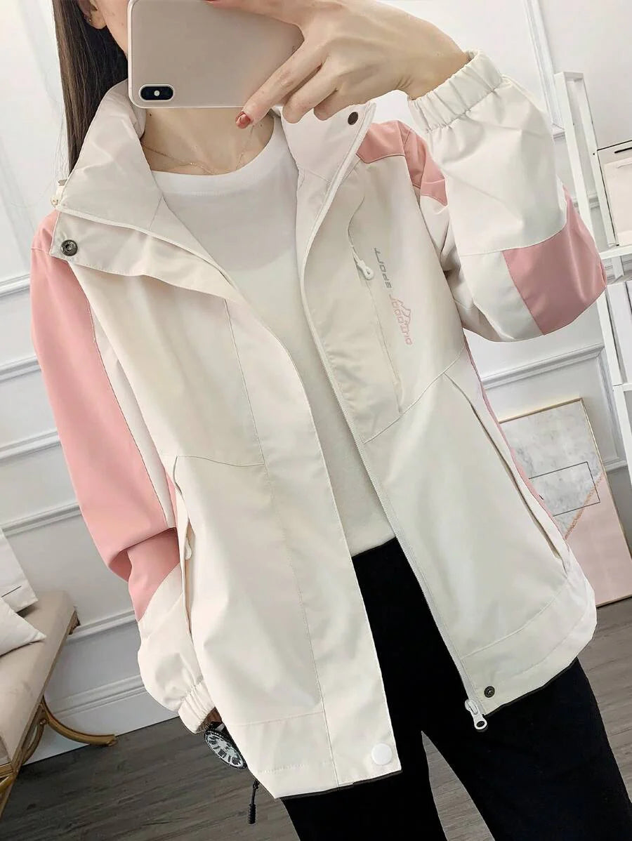 1pc Women Contrast Color Patchwork Windbreaker Jacket, Lightweight Outdoor Sports Running Hiking Coat, Spring/Autumn