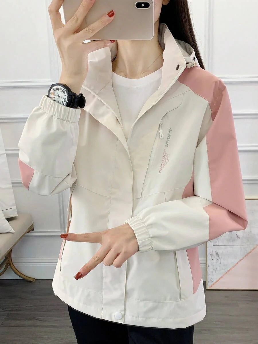 1pc Women Contrast Color Patchwork Windbreaker Jacket, Lightweight Outdoor Sports Running Hiking Coat, Spring/Autumn