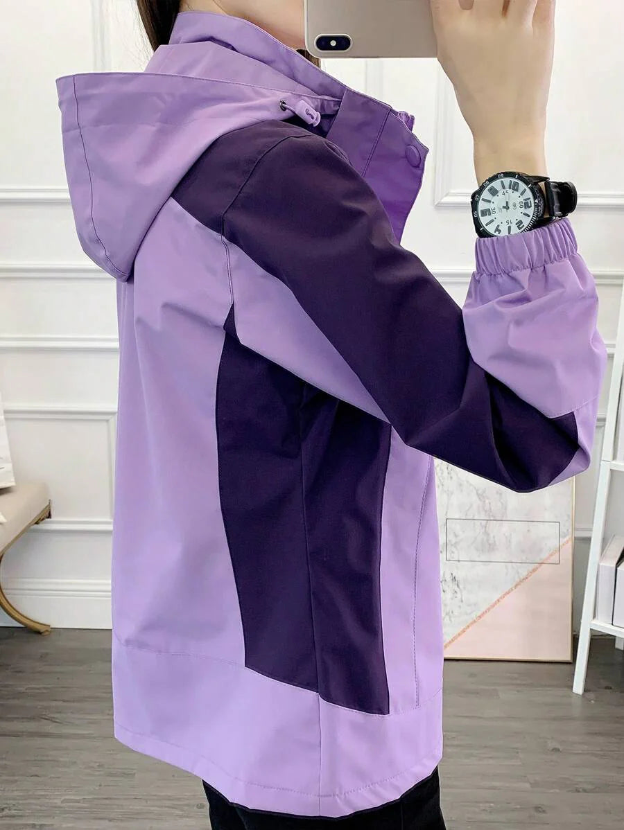 1pc Women Contrast Color Patchwork Windbreaker Jacket, Lightweight Outdoor Sports Running Hiking Coat, Spring/Autumn