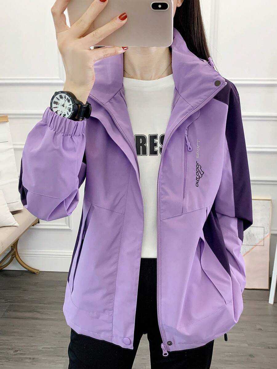 1pc Women Contrast Color Patchwork Windbreaker Jacket, Lightweight Outdoor Sports Running Hiking Coat, Spring/Autumn