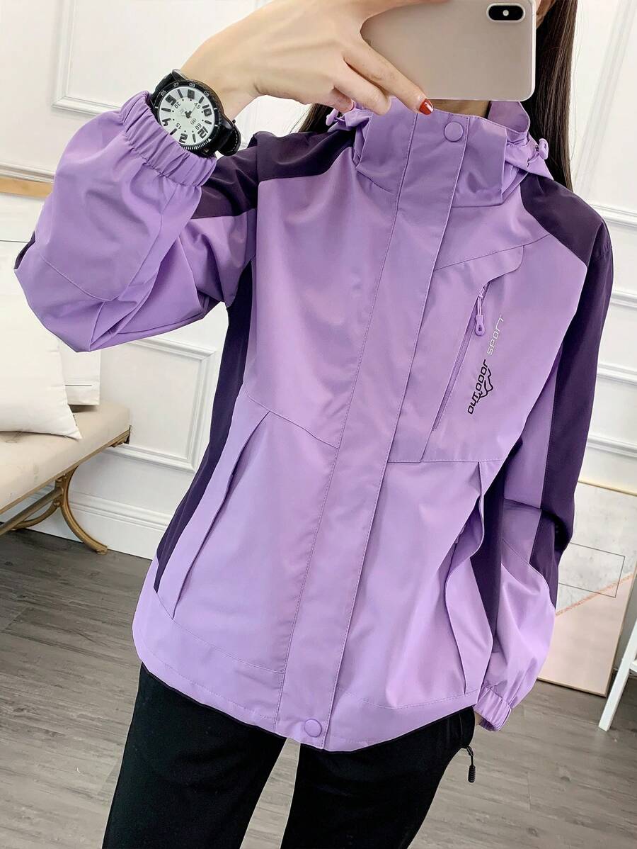 1pc Women Contrast Color Patchwork Windbreaker Jacket, Lightweight Outdoor Sports Running Hiking Coat, Spring/Autumn