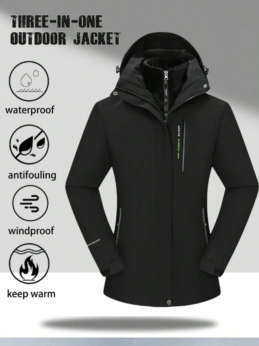1 Set Women Outdoor Sports Mountaineering Skiing Hiking Camping Windproof Waterproof Thermal Lined 3-In-1 Black Softshell Jacket And Fleece Top, Winter