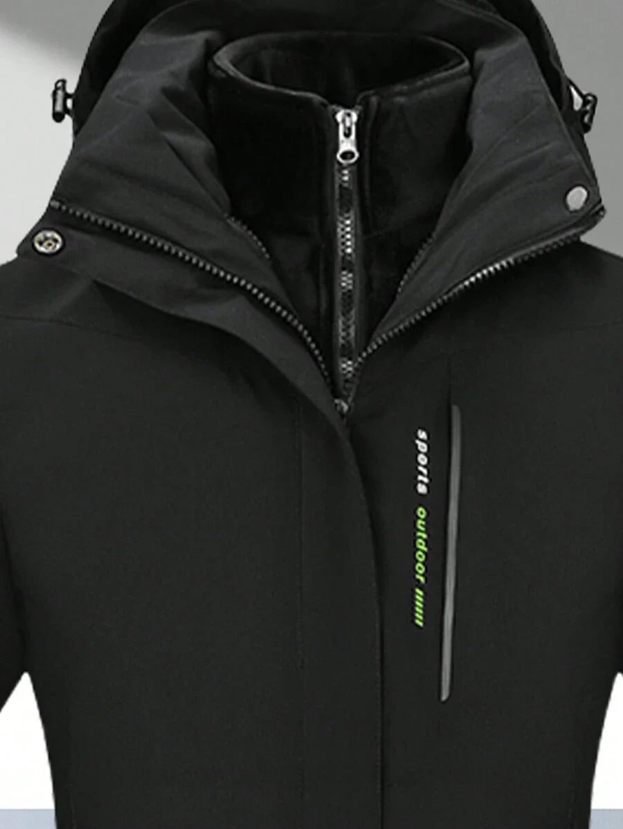 1 Set Women Outdoor Sports Mountaineering Skiing Hiking Camping Windproof Waterproof Thermal Lined 3-In-1 Black Softshell Jacket And Fleece Top, Winter