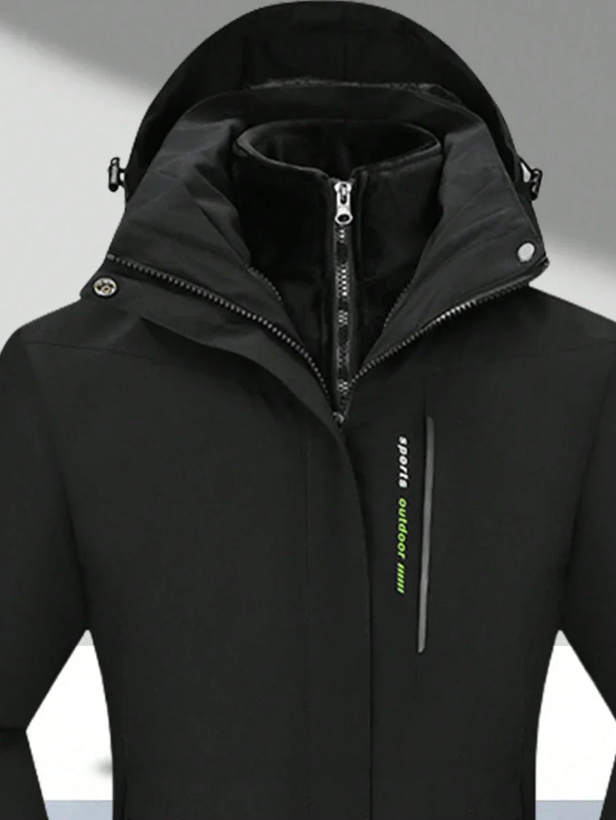 1 Set Women Outdoor Sports Mountaineering Skiing Hiking Camping Windproof Waterproof Thermal Lined 3-In-1 Black Softshell Jacket And Fleece Top, Winter