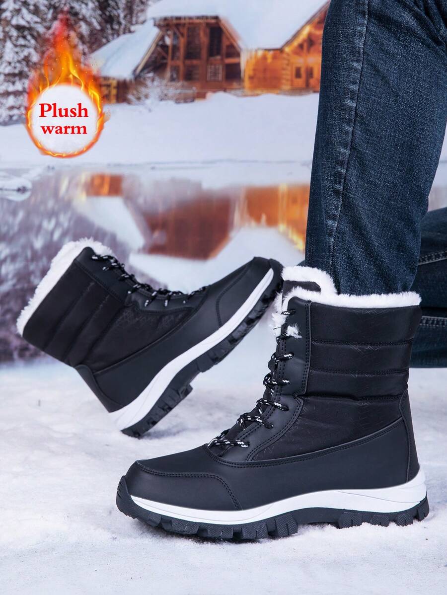 Men's 2024 New Casual Snow Boots, Hiking Shoes, Outdoor Thick Sole Boots, Warm Anti-Slip Windproof High-Top Lace-Up Boots With Fluffy Lining, Suitable For Outdoor Walking, Running, Hiking, Autumn And Winter, Fur Boots