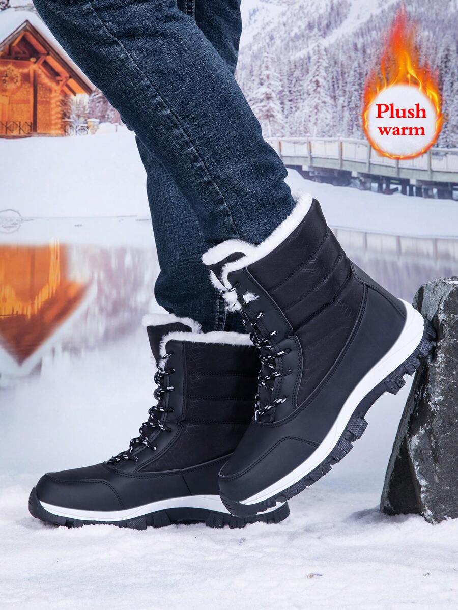 Men's 2024 New Casual Snow Boots, Hiking Shoes, Outdoor Thick Sole Boots, Warm Anti-Slip Windproof High-Top Lace-Up Boots With Fluffy Lining, Suitable For Outdoor Walking, Running, Hiking, Autumn And Winter, Fur Boots
