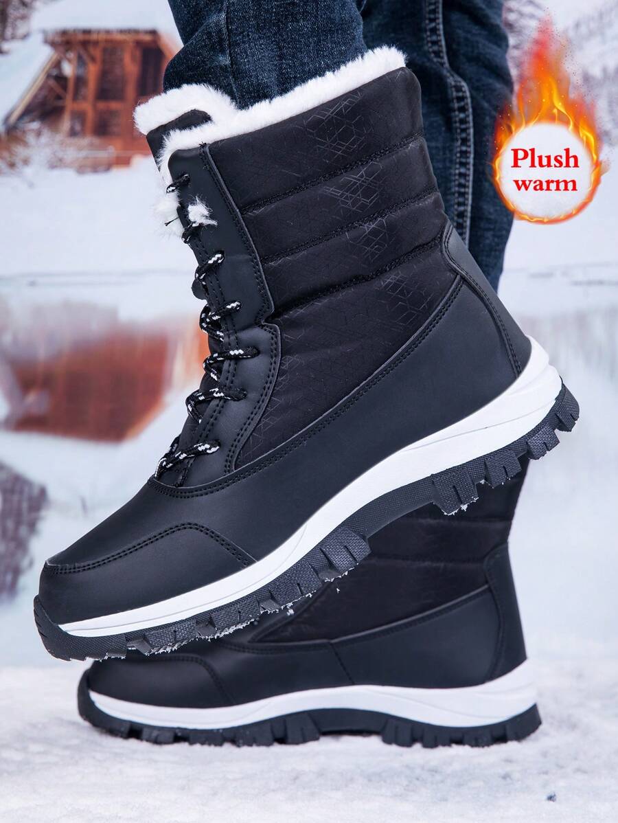 Men's 2024 New Casual Snow Boots, Hiking Shoes, Outdoor Thick Sole Boots, Warm Anti-Slip Windproof High-Top Lace-Up Boots With Fluffy Lining, Suitable For Outdoor Walking, Running, Hiking, Autumn And Winter, Fur Boots