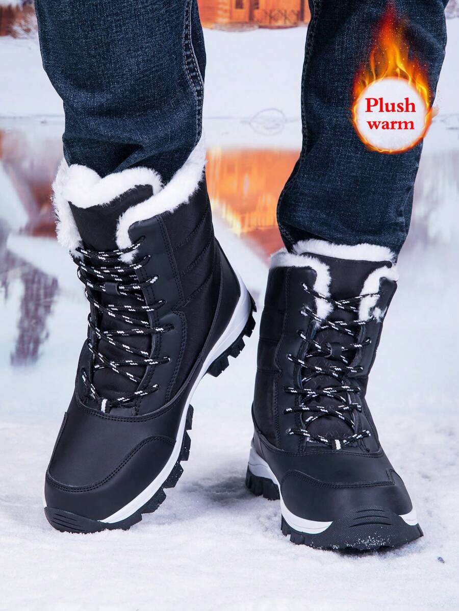 Men's 2024 New Casual Snow Boots, Hiking Shoes, Outdoor Thick Sole Boots, Warm Anti-Slip Windproof High-Top Lace-Up Boots With Fluffy Lining, Suitable For Outdoor Walking, Running, Hiking, Autumn And Winter, Fur Boots