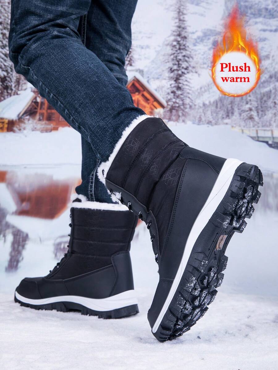 Men's 2024 New Casual Snow Boots, Hiking Shoes, Outdoor Thick Sole Boots, Warm Anti-Slip Windproof High-Top Lace-Up Boots With Fluffy Lining, Suitable For Outdoor Walking, Running, Hiking, Autumn And Winter, Fur Boots