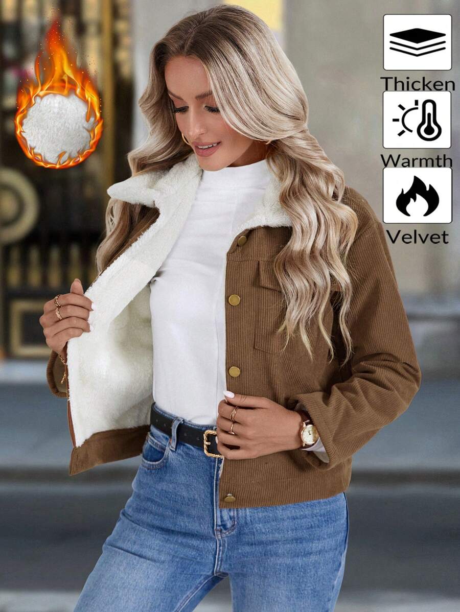 Louniche 1pc Solid Color Thermal Lined Front Zip Pocket Casual Long Sleeve Jacket Fall Winter Cloth For Women